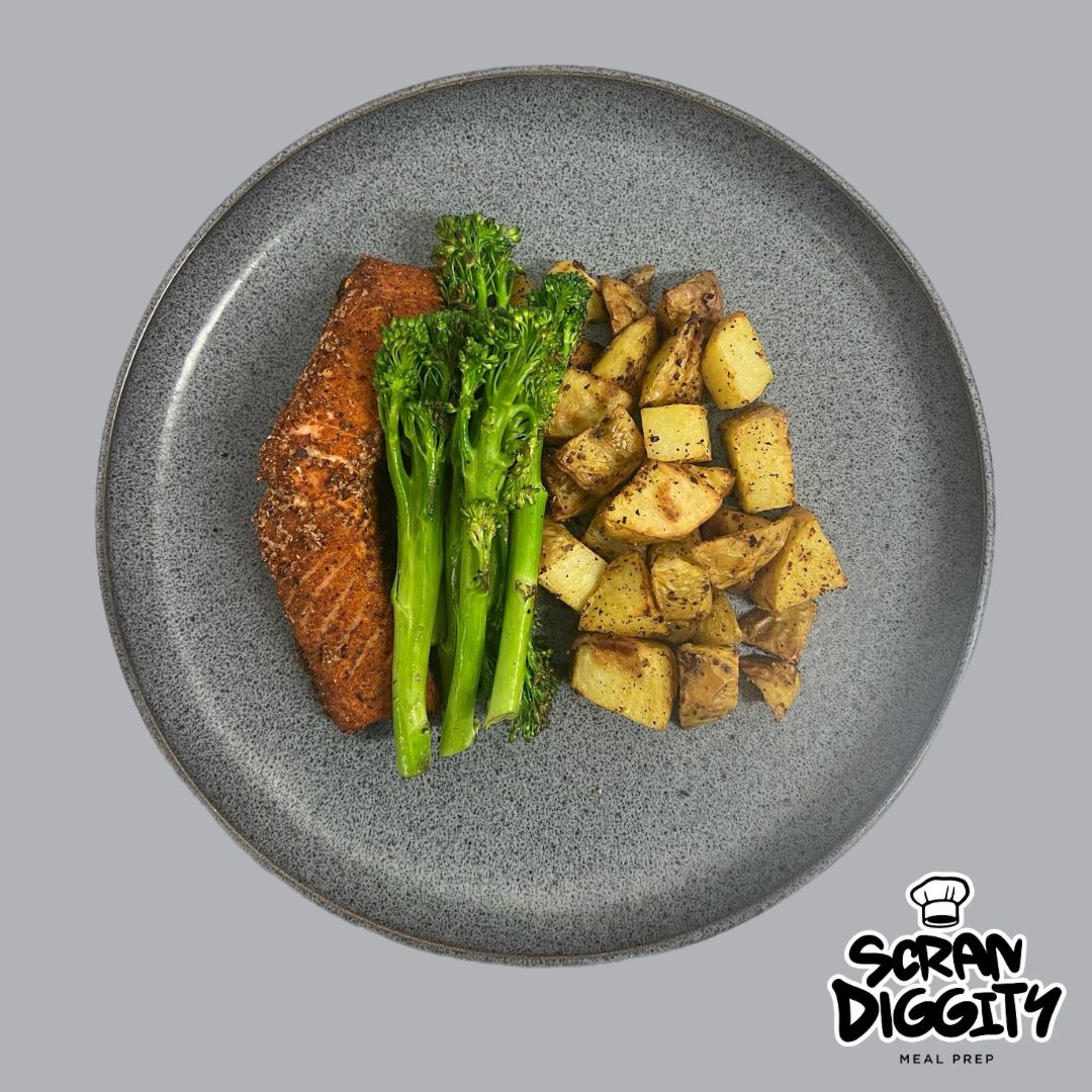Meal 1 - Old bay salmon, lemon pepper potato cubes, tenderstem.